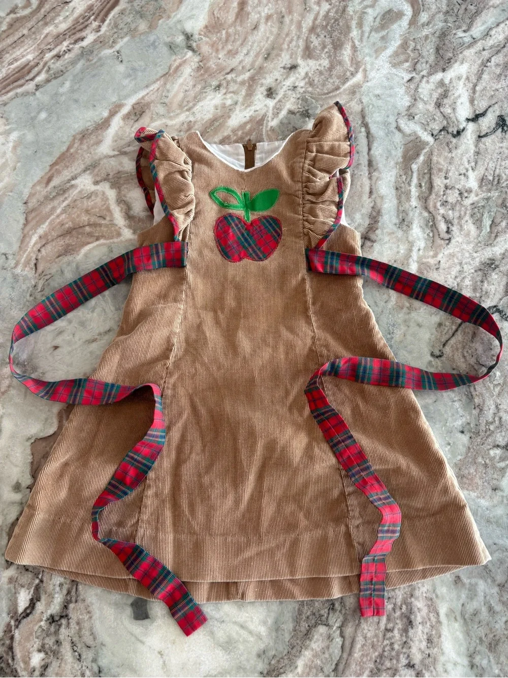 Vintage Girls First day of school dress Apple Corduroy Ruffle Sun Dress Size 5